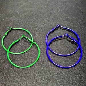 2 Pairs Purple & Green Brand NEW Large Colorful Hoop Hinged Earrings Big Hoops